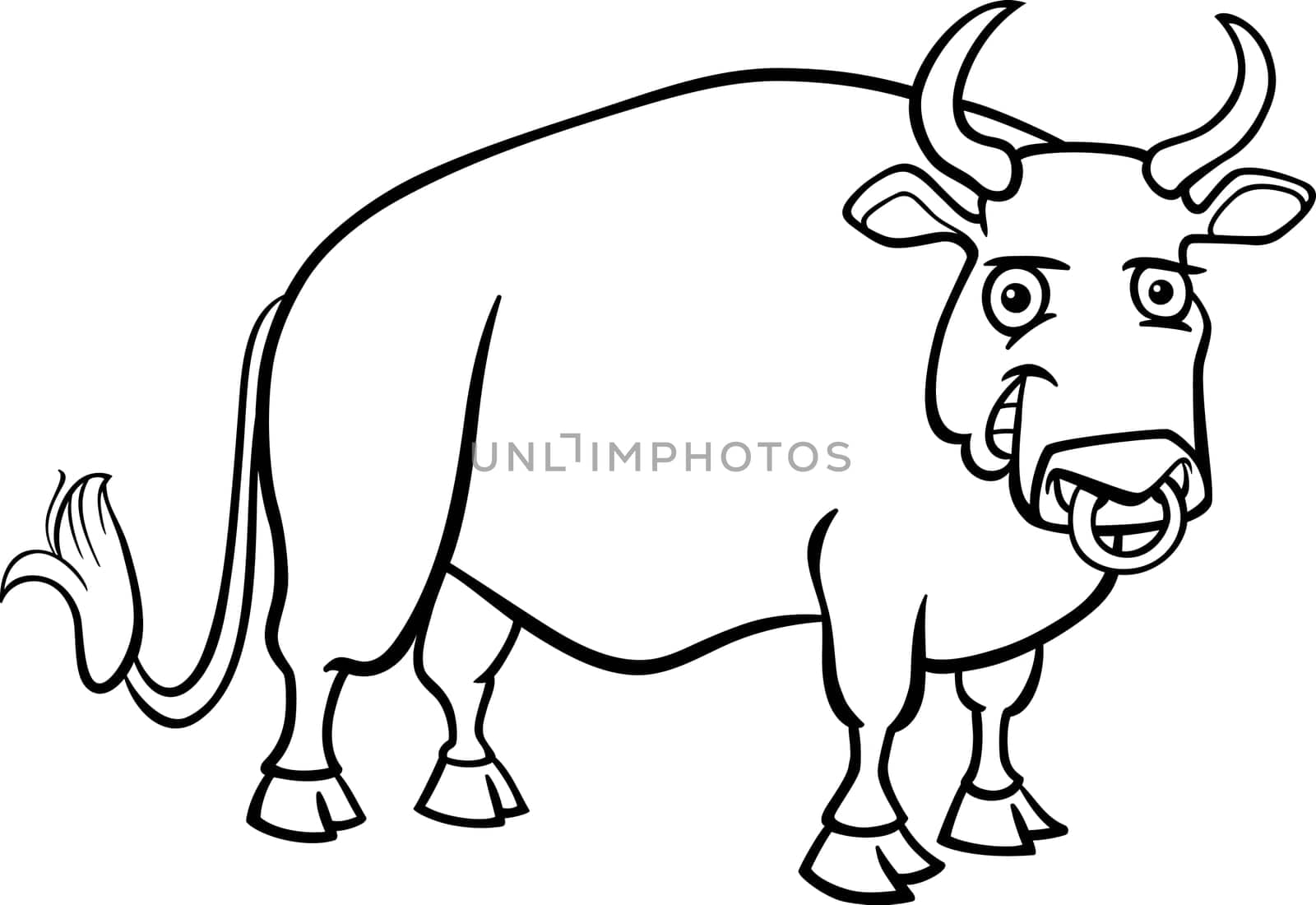 Black and White Cartoon Illustration of Funny Bull Farm Animal for Coloring Book