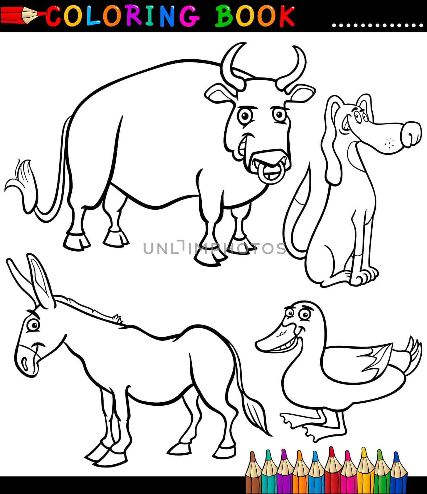 Black and White Coloring Book or Page Cartoon Illustration Set of Funny Farm and Livestock Animals for Children