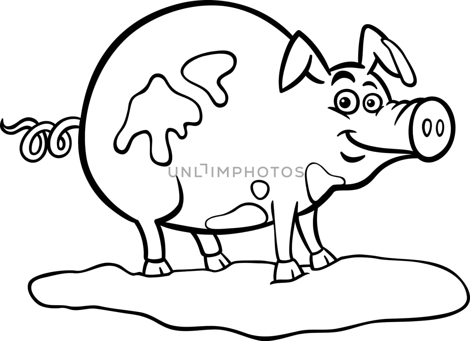 Black and White Cartoon Illustration of Funny Pig Farm Animal in Mud for Coloring Book