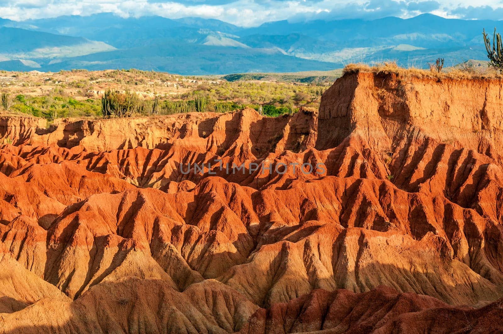 Red hills of Tatacoa Desert bathed in sunlight in Huila, Colombia
