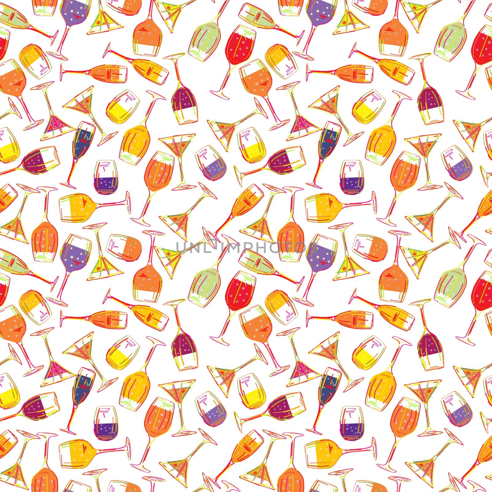 Seamless background with cocktail's in colors. Isolated objects on white background.