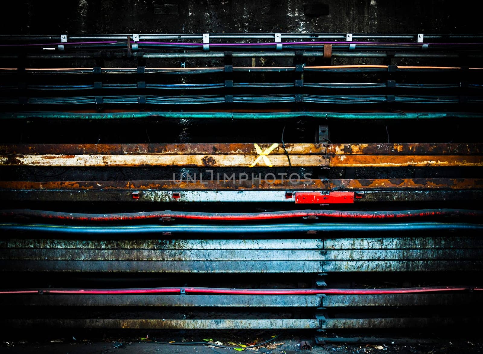 Electric cables on a grungy concrete wall with vignette
