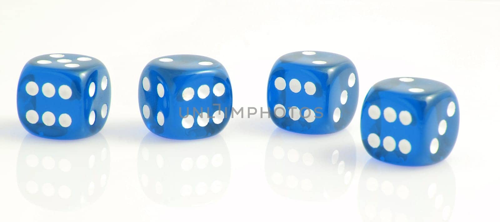 four blue dice showing the number six, symbolizing luck