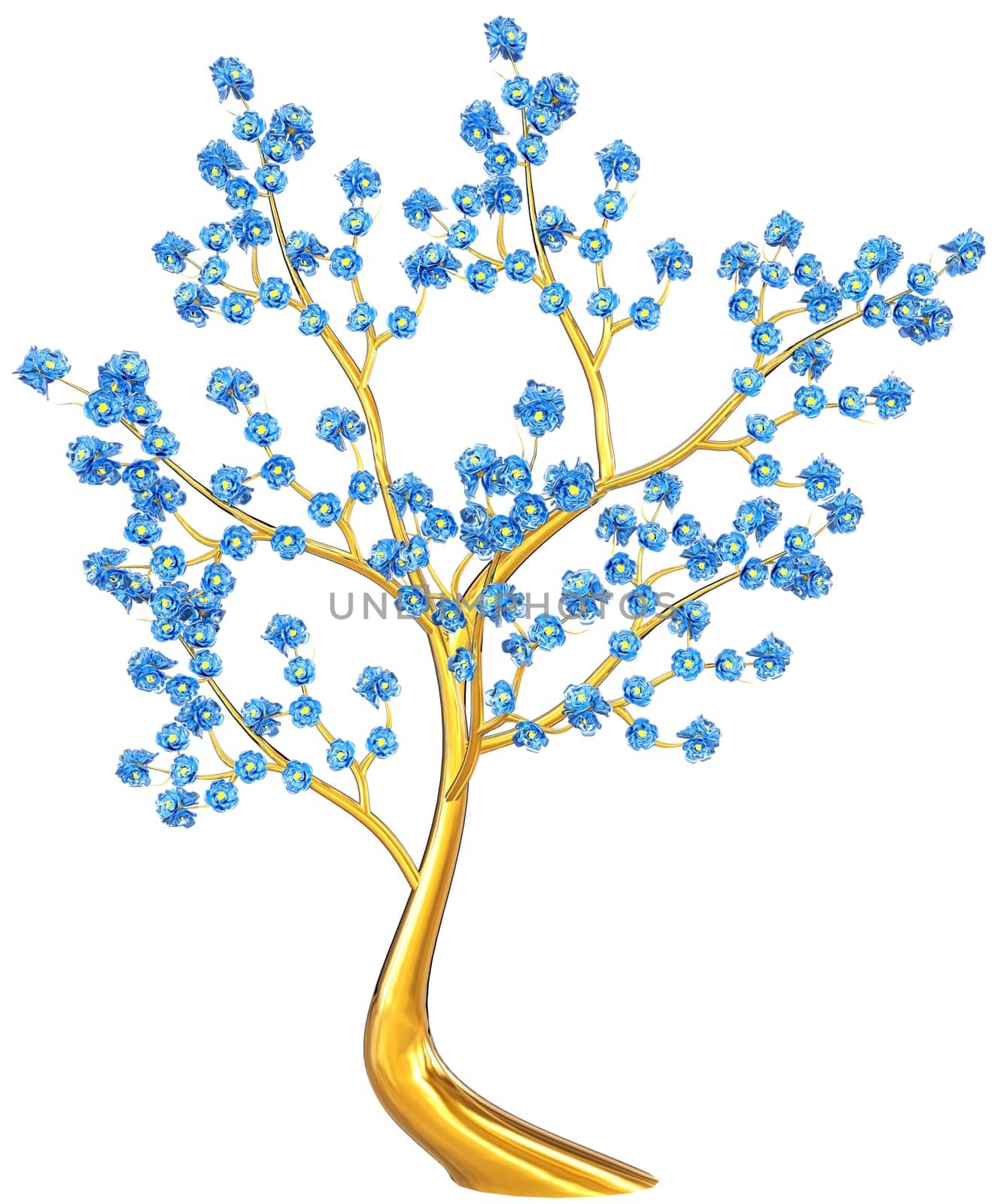 Beautiful golden tree with expensive blue flowers as jewelry