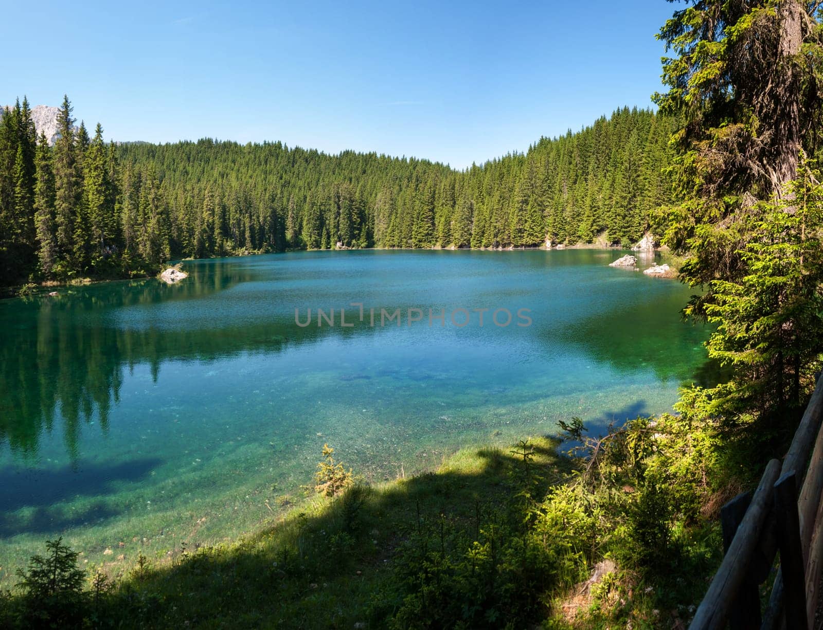 overview of Carezza lake in Trentino Alto Adige in Italy
