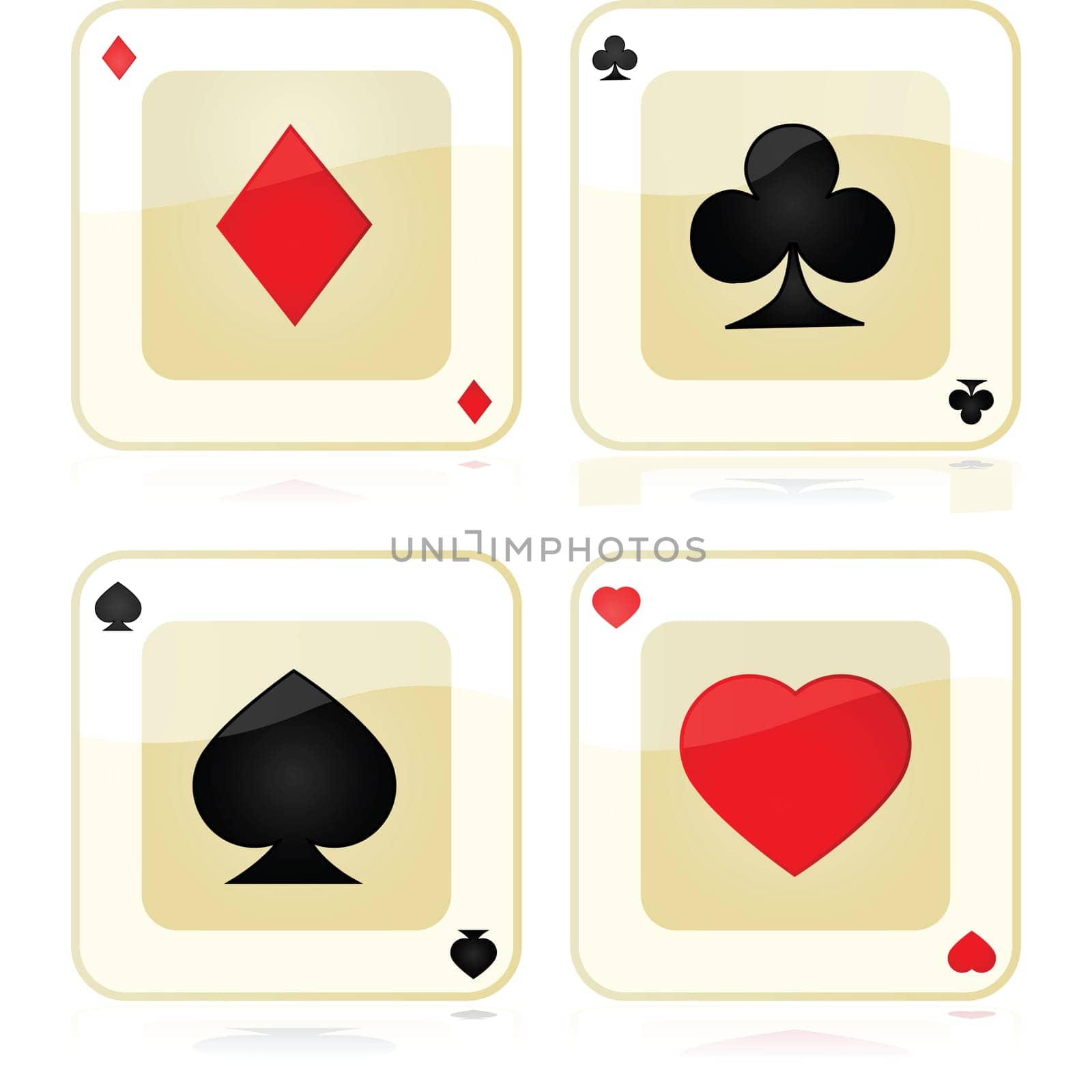 Collection of four glossy playing card icons, reflected over a white surface