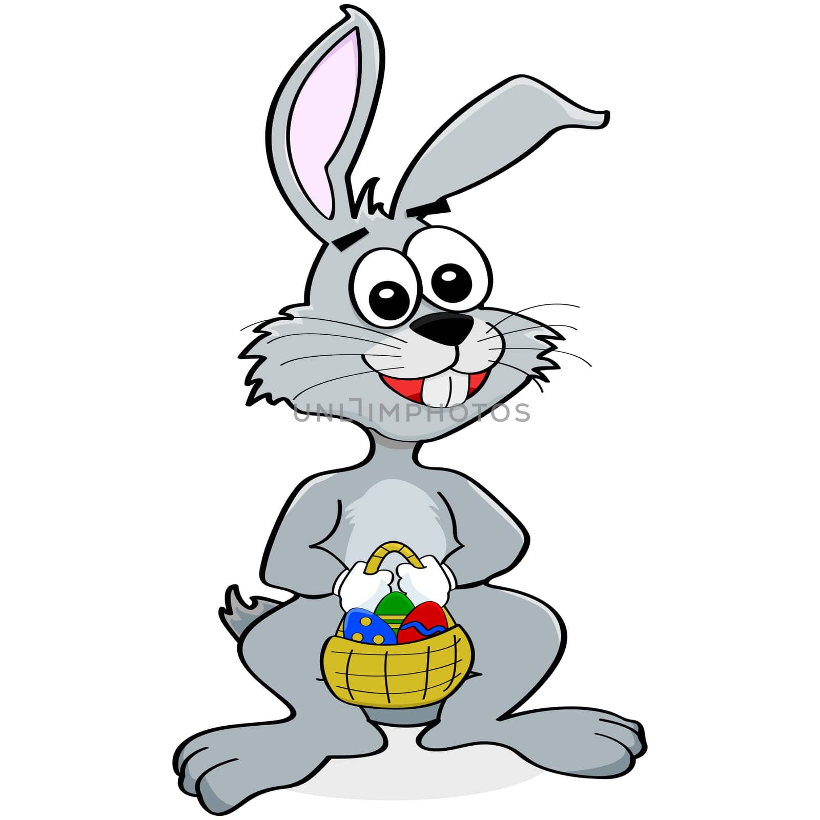 Cartoon illustration showing the Easter bunny carrying a basket of eggs