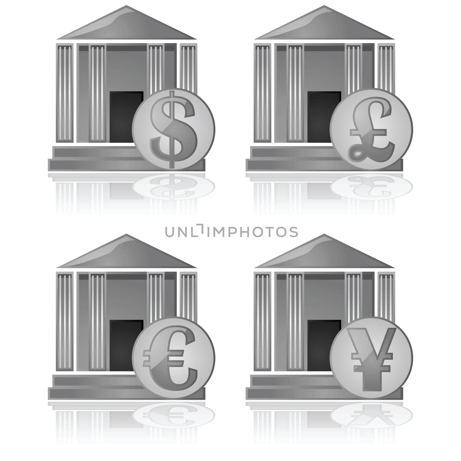 Illustration showing a bank icon with different currency symbols in front of it
