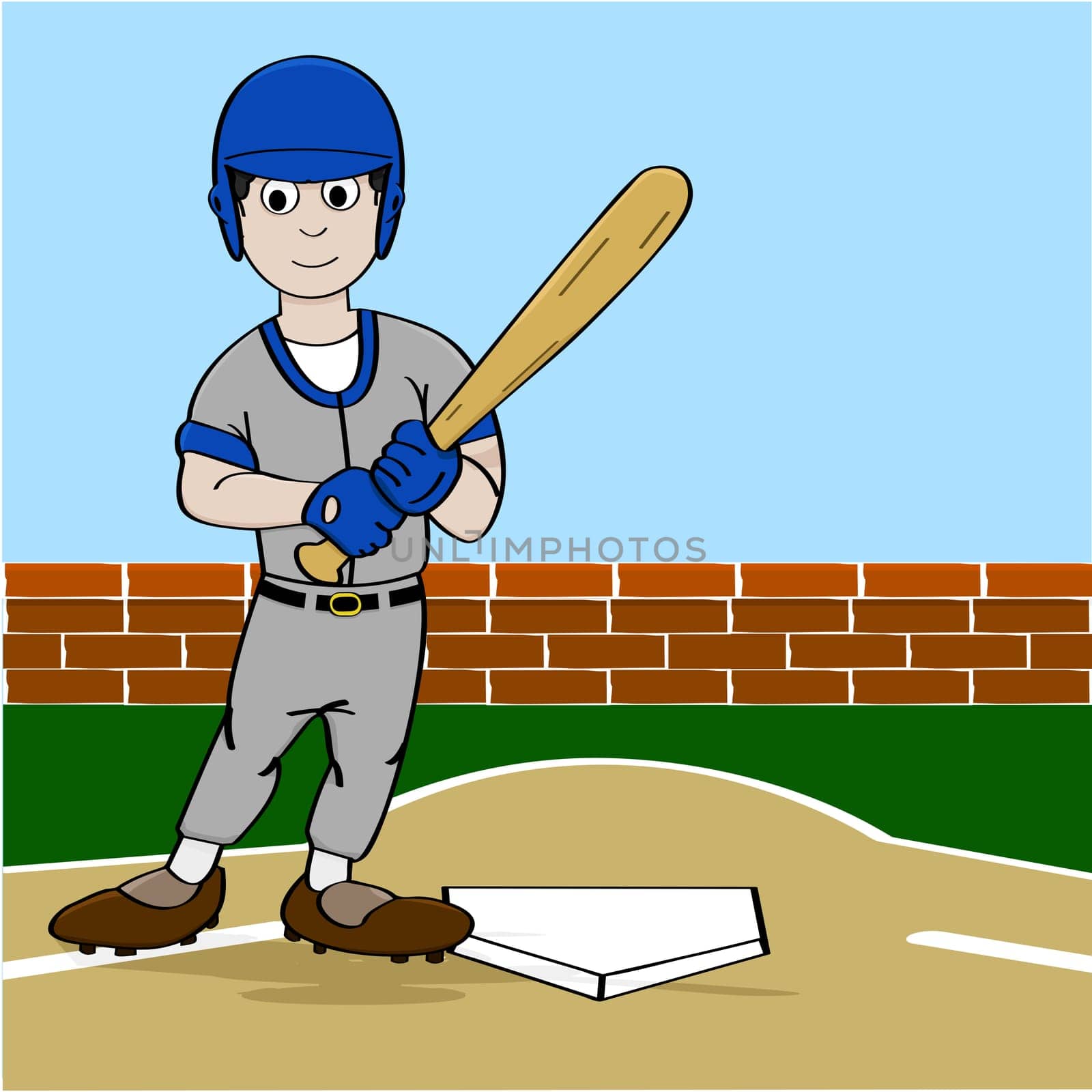 Cartoon illustration showing a baseball player holding a bat near homeplate