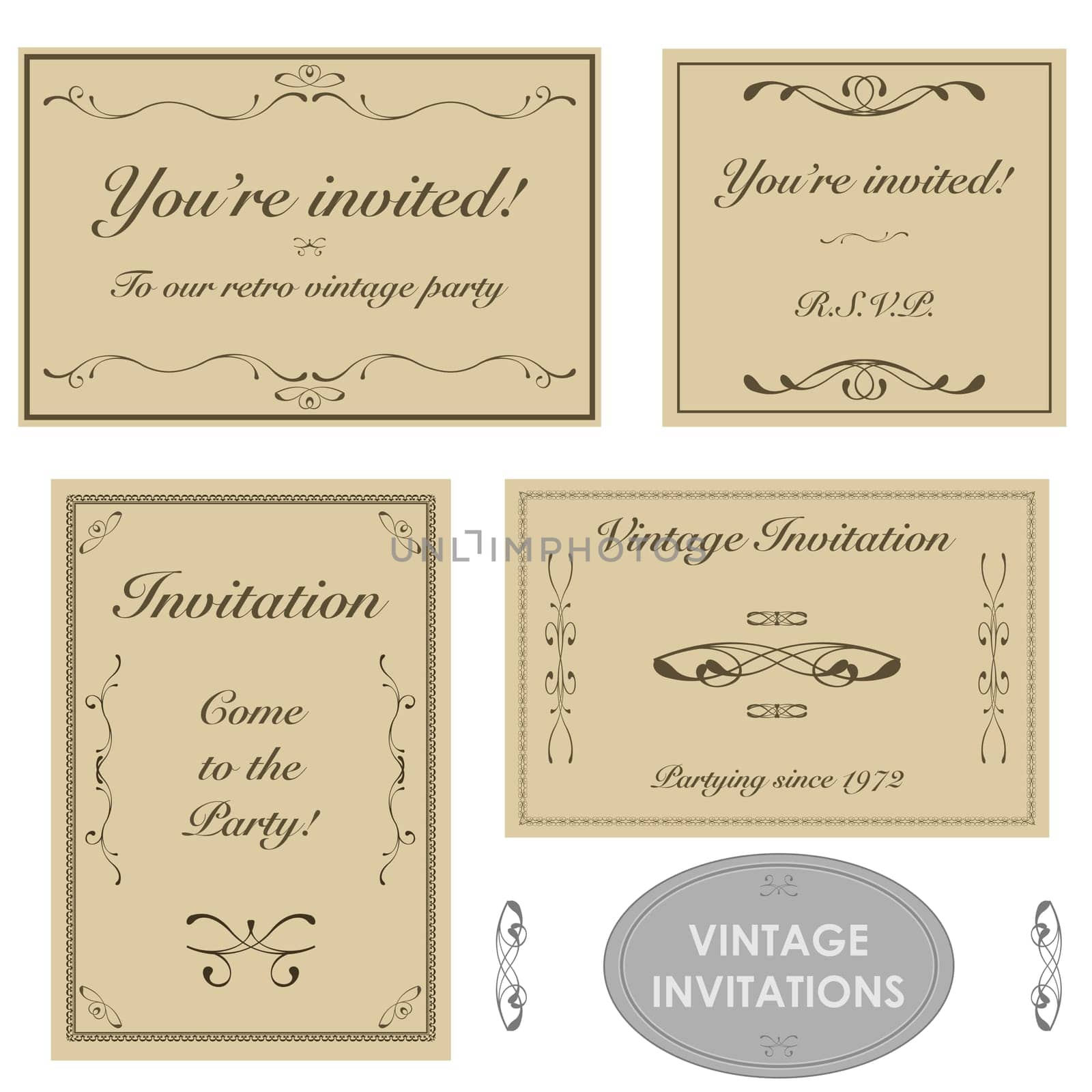 Set with four different vintage invitations printed on brown paper