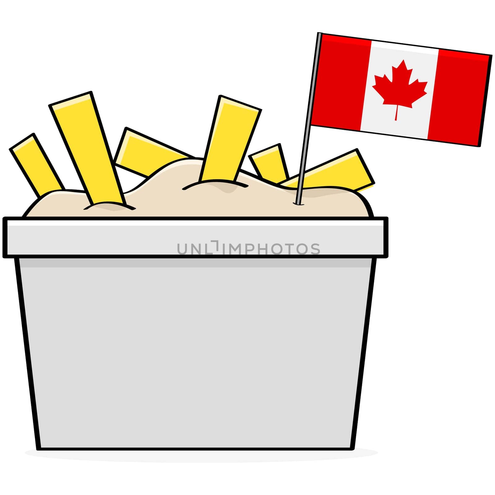 Cartoon illustration showing a bowl of the traditional Canadian food called poutine, made of cheese, fries and gravy