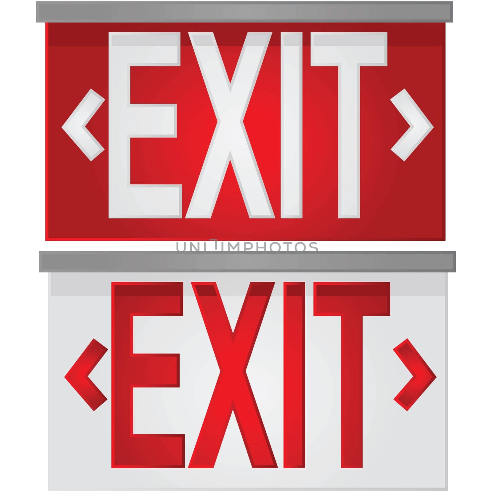 Glossy illustration showing a white exit sign over red, and a red exit sign over white