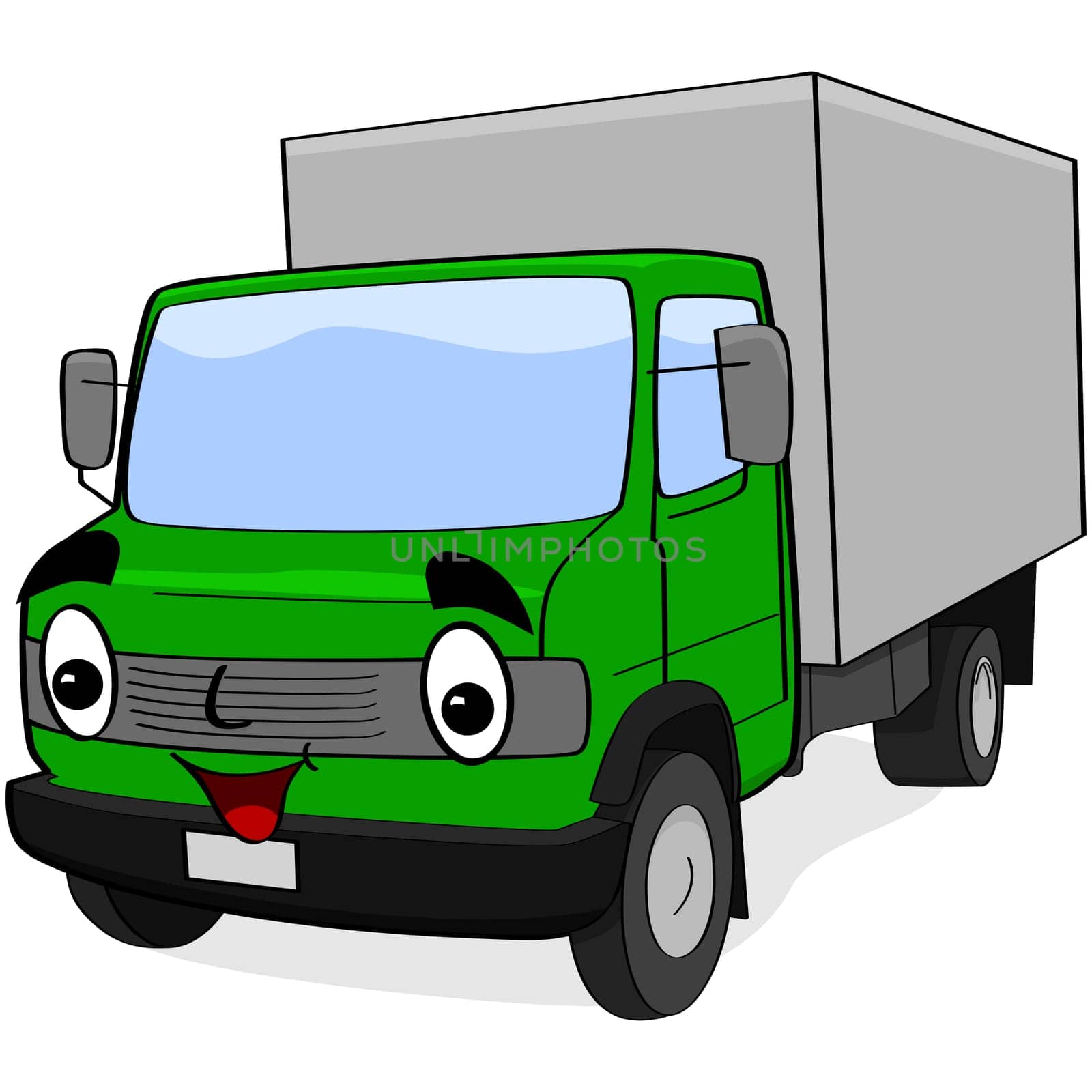 Cartoon illustration showing a happy green truck