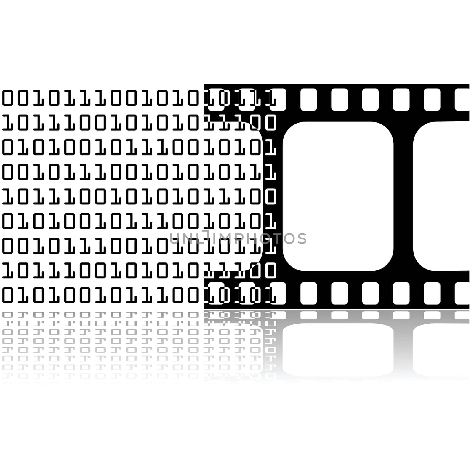 Icon illustration showing a series of ones and zeros being converted into a film strip