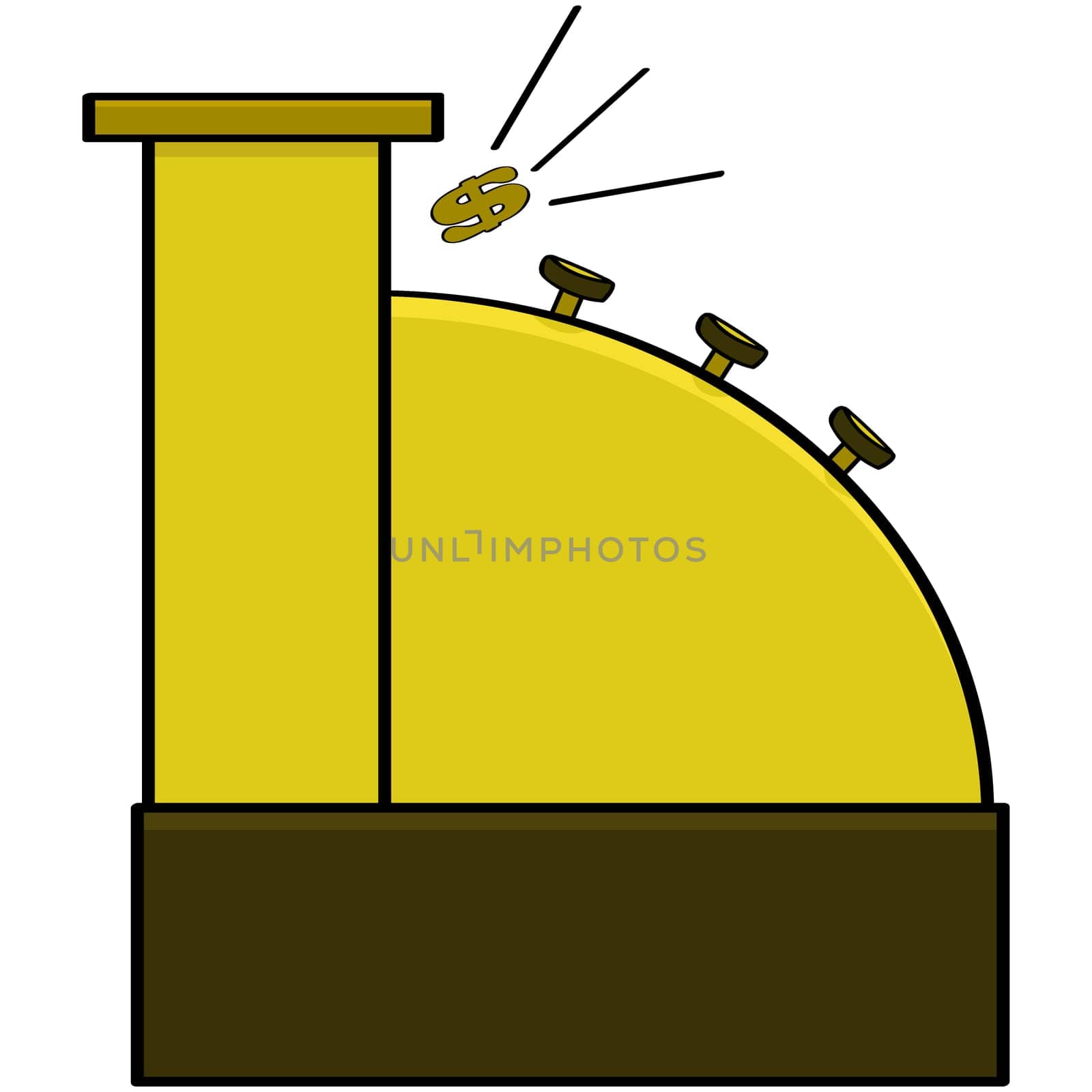 Cartoon illustration of an old model cash register ringing out a dollar sign