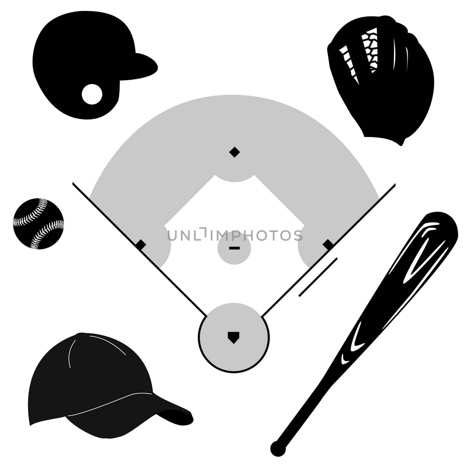 Icon set showing different baseball elements around a baseball diamond