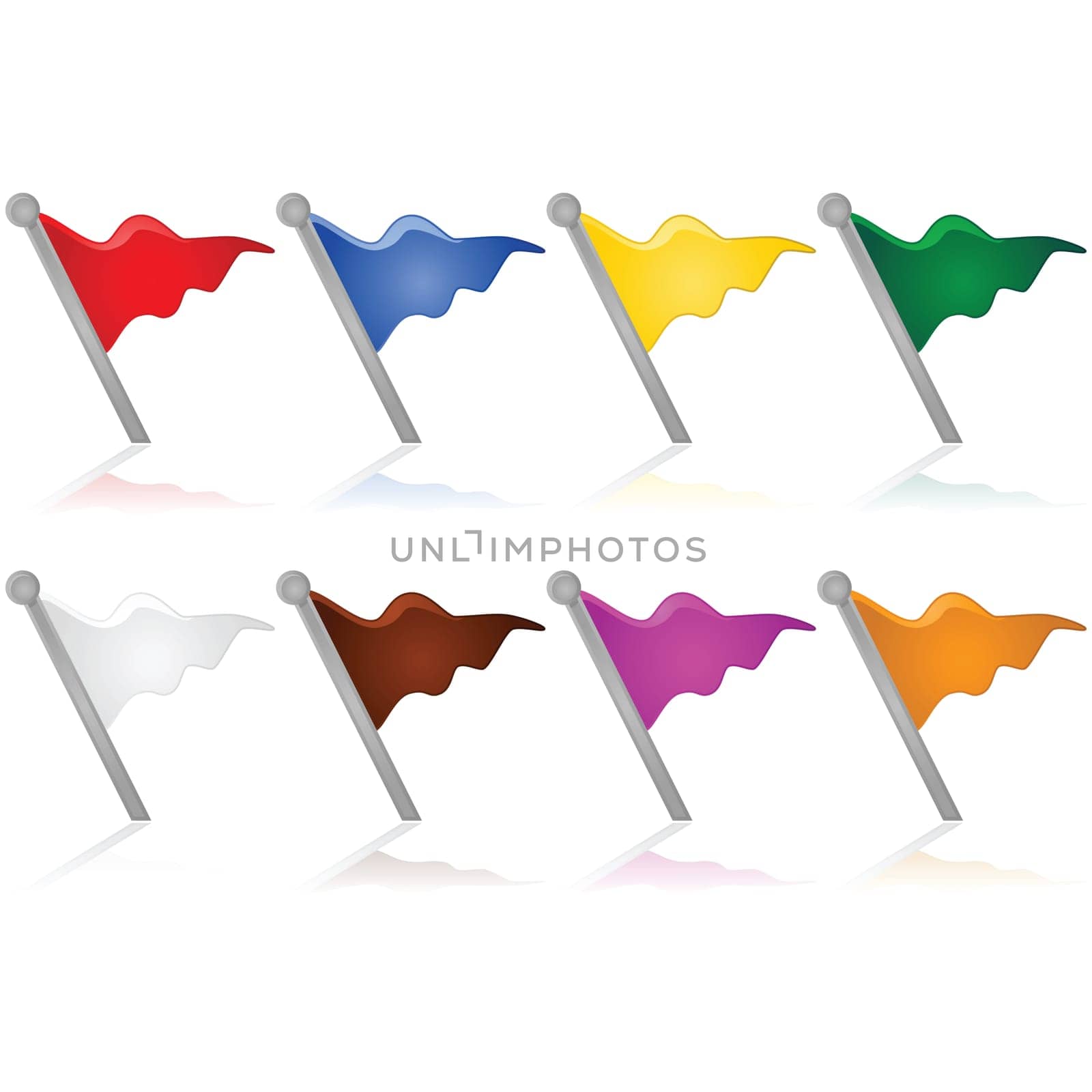 Set with flags of different colors being reflected over a white background