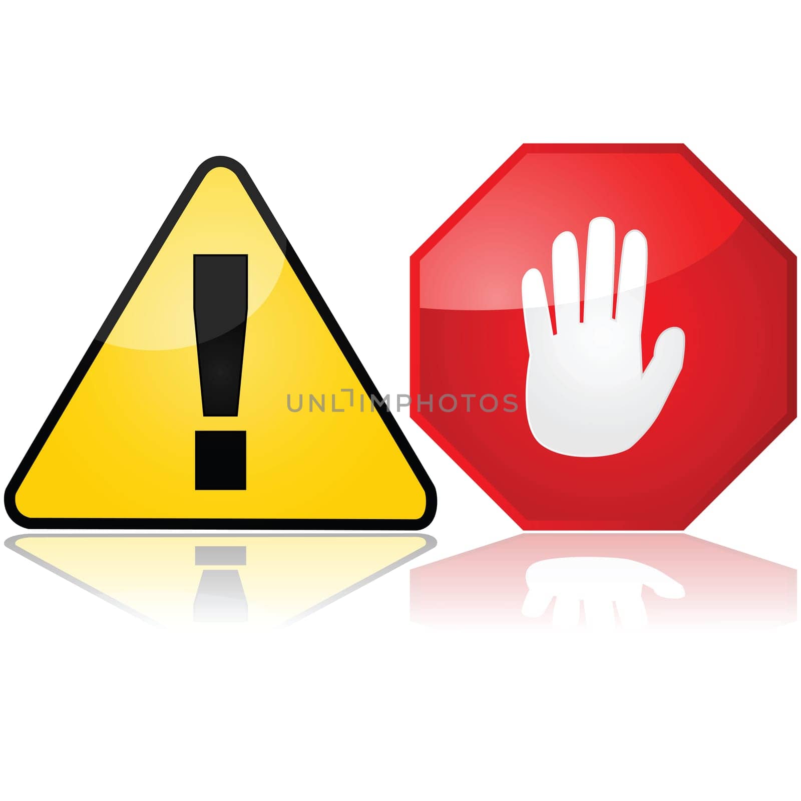 Set with two different warning signs, one showing an exclamation mark and another an open hand
