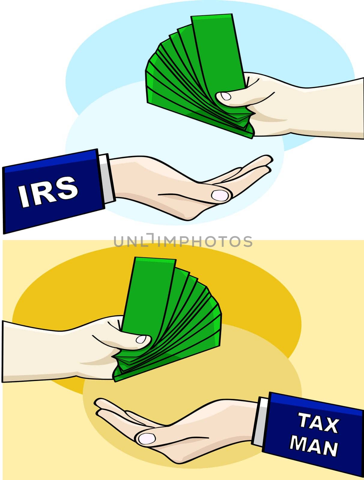 Cartoon illustration showing a person handing over money to the IRS or the tax man