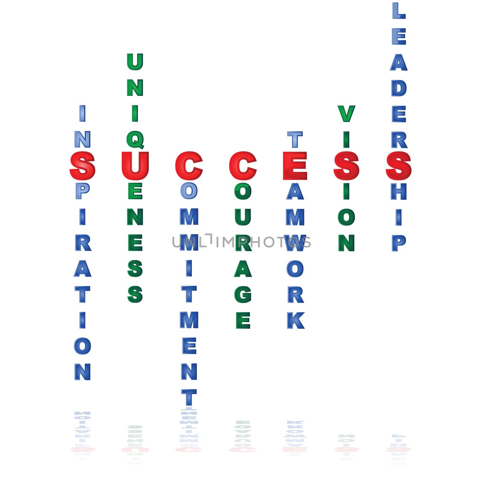 Concept illustration showing a series of different words in blue making up the word 'success' in red.
