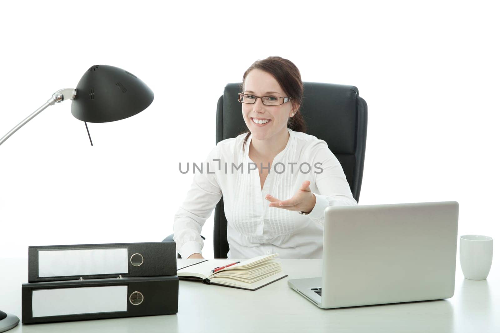 young brunette businesswoman with glasses sign handshake