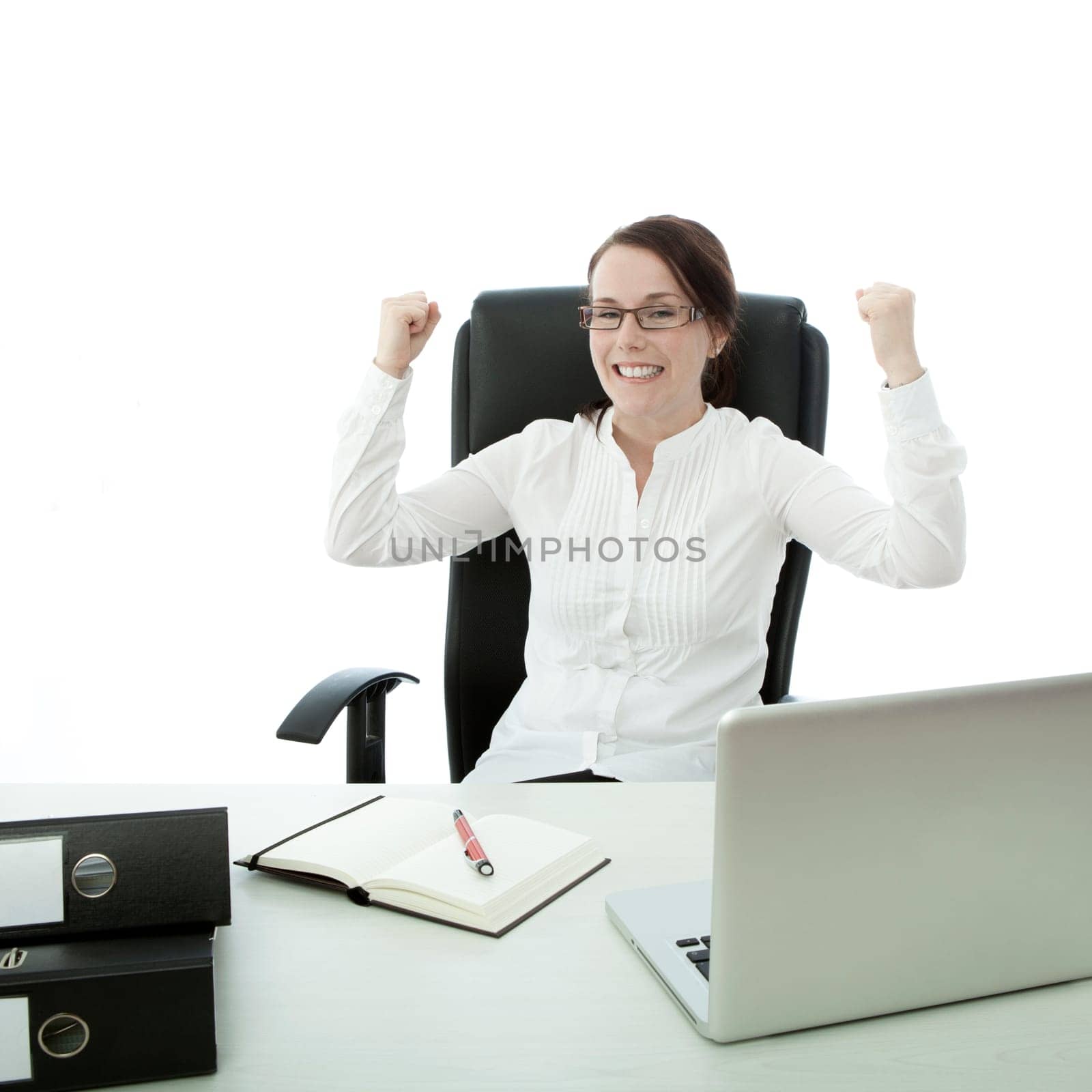 young brunette businesswoman with glasses scream with arms in the air