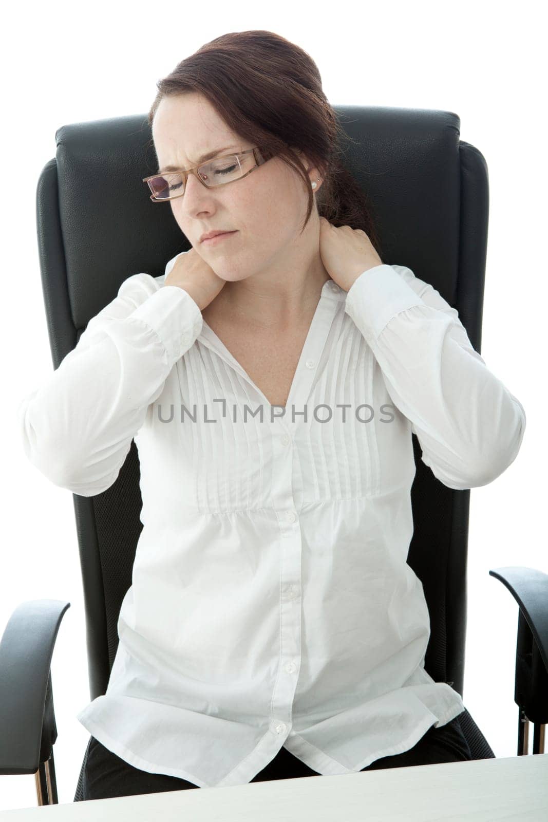young brunette business woman with glasses has pain in neck