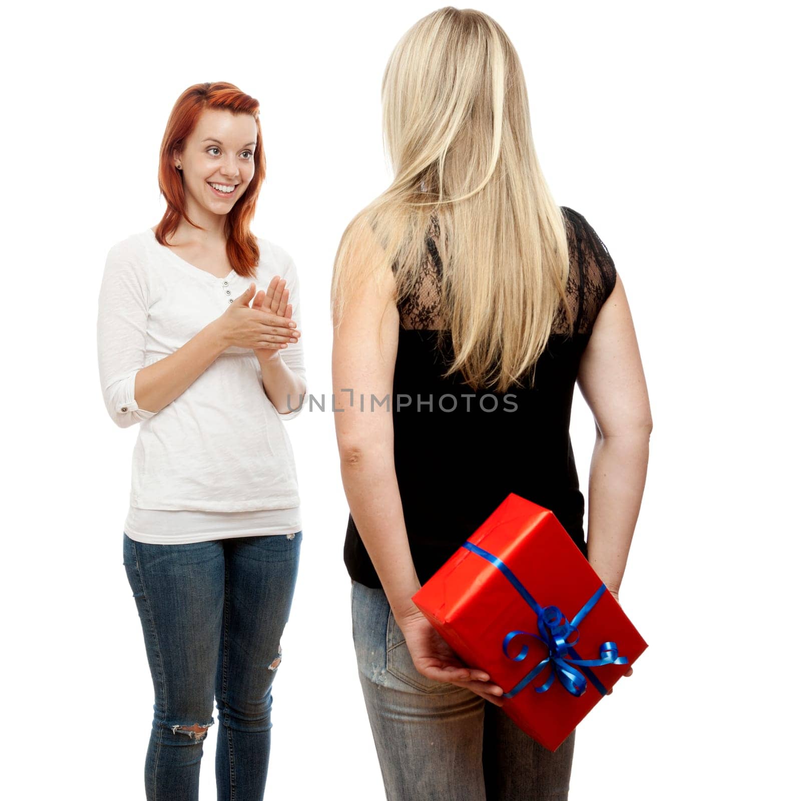 young beautiful red and blond haired girls in front of white background