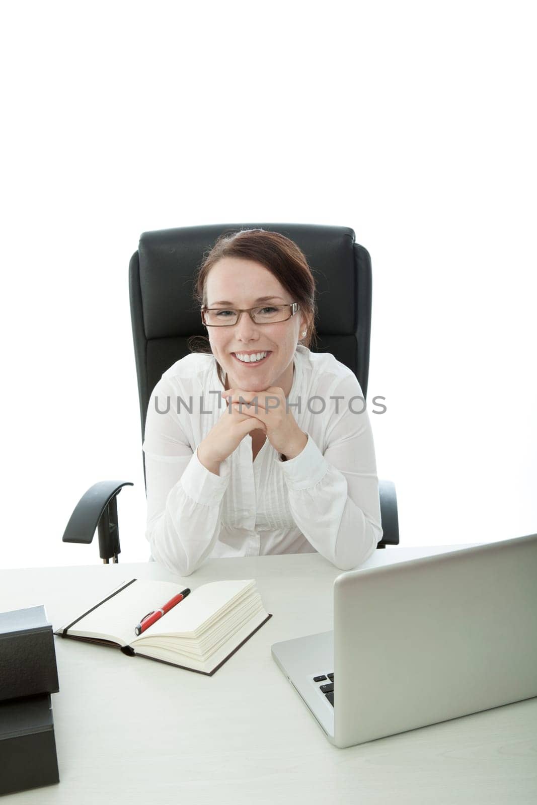 young brunette businesswoman with glasses smiling