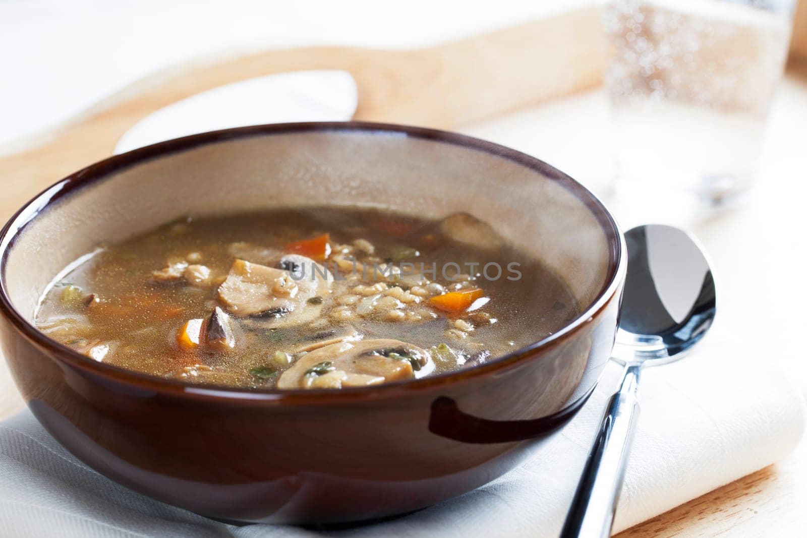 bowl of vegetarian mushroom and barley soup