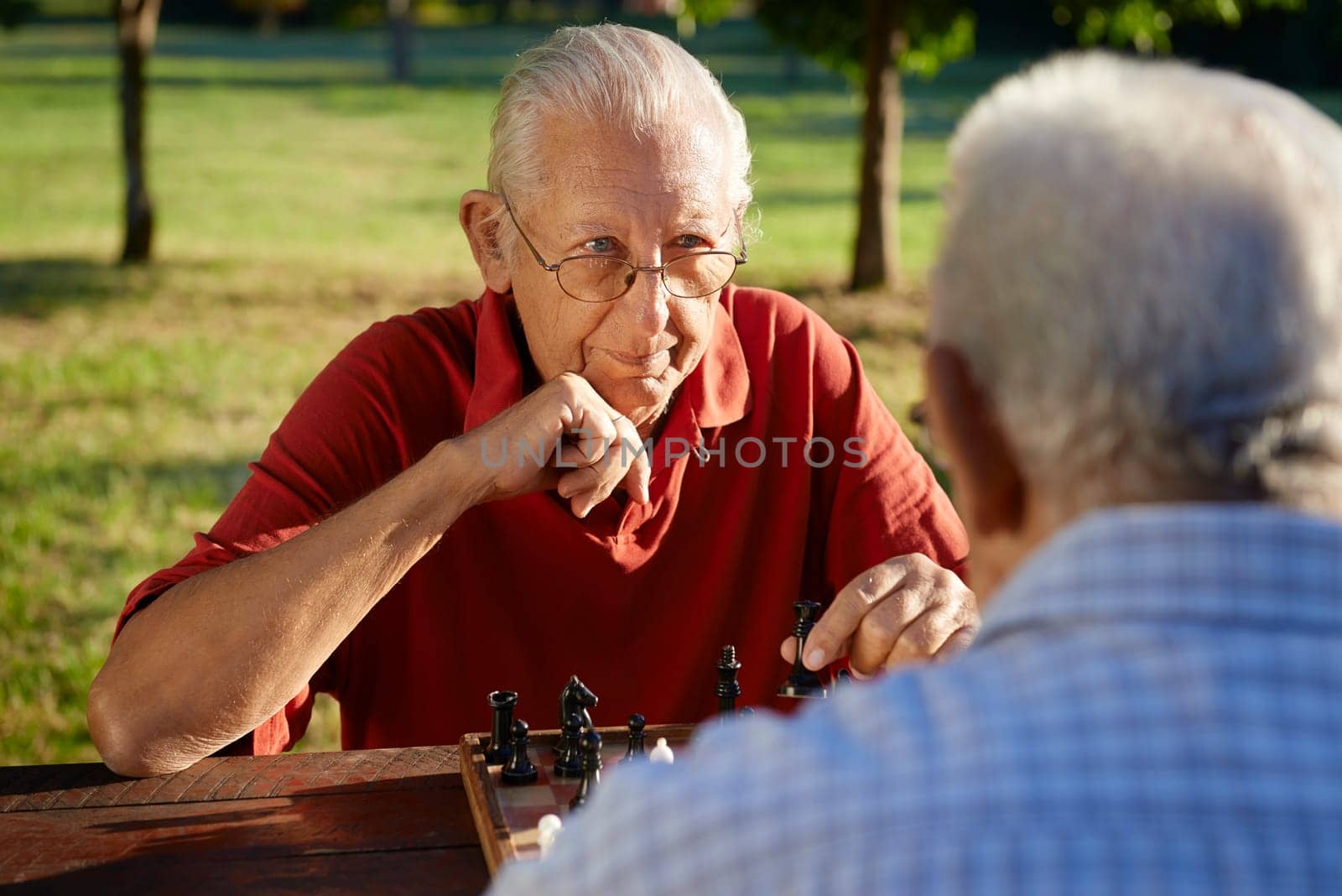 Active retired people, old friends and free time, two senior men having fun and playing chess at park. Head and shoulders