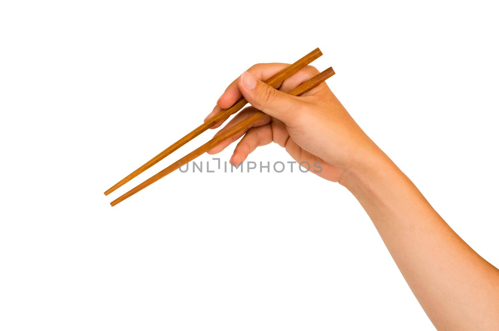 isolated man hand holding wooden chopstick, with clipping path in jpg.