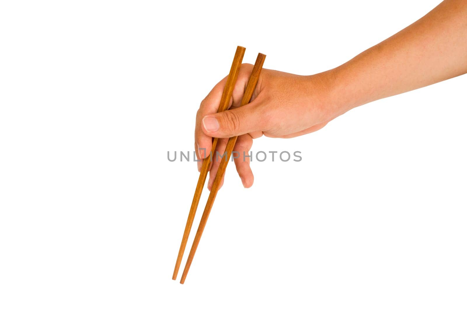 isolated man hand holding wooden chopstick, with clipping path in jpg.