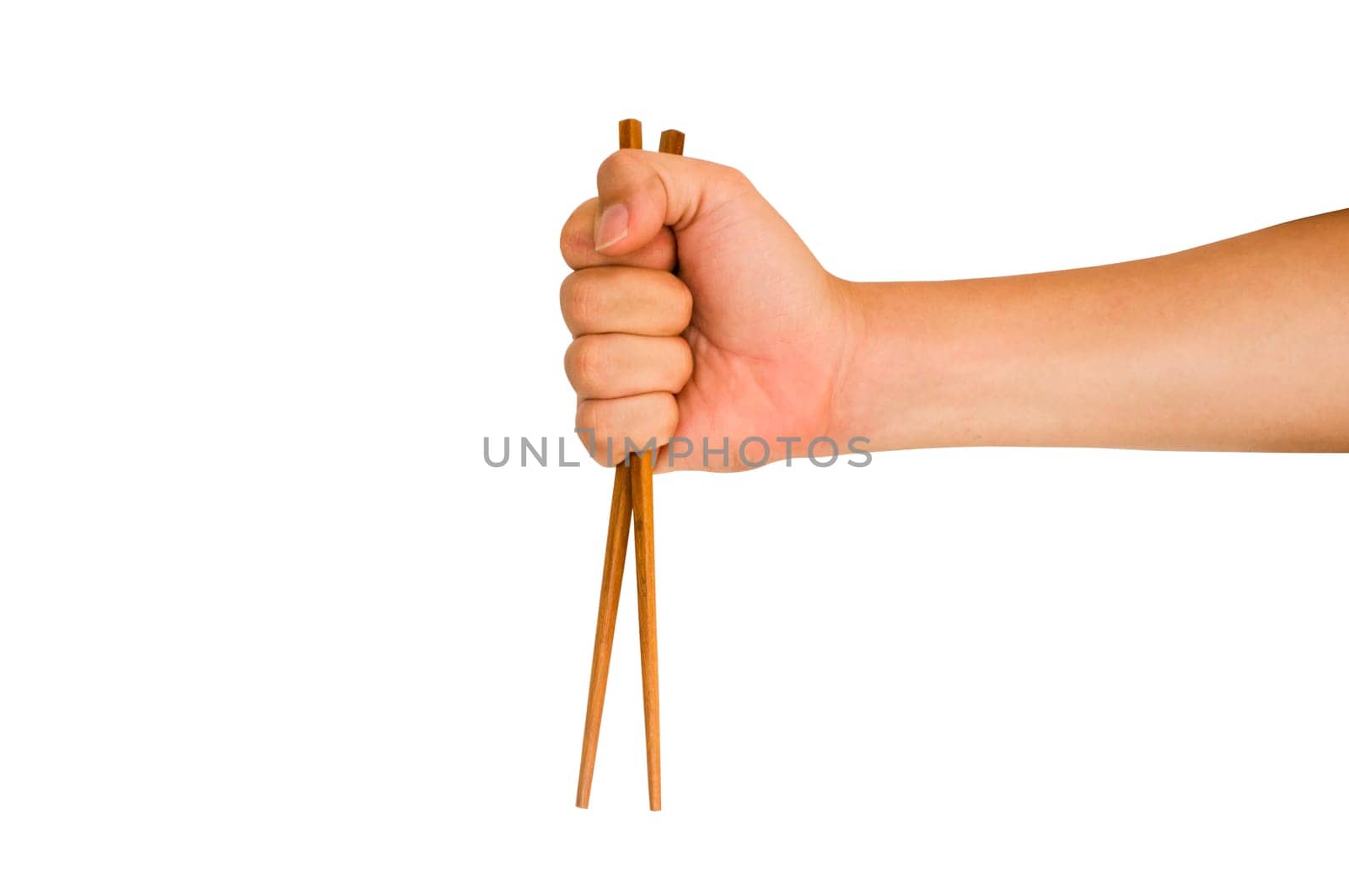 isolated man hand holding wooden chopstick in grip, wrong way of holding chopstick, to convey frustrations, with clipping path in jpg.