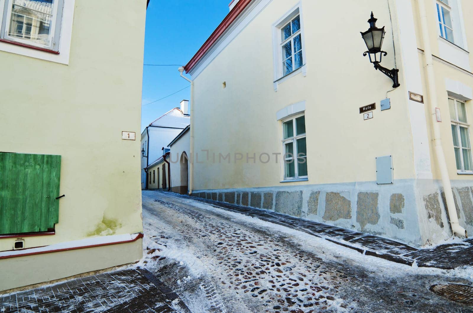 Deserted Street in old town Tallinn frosty morning