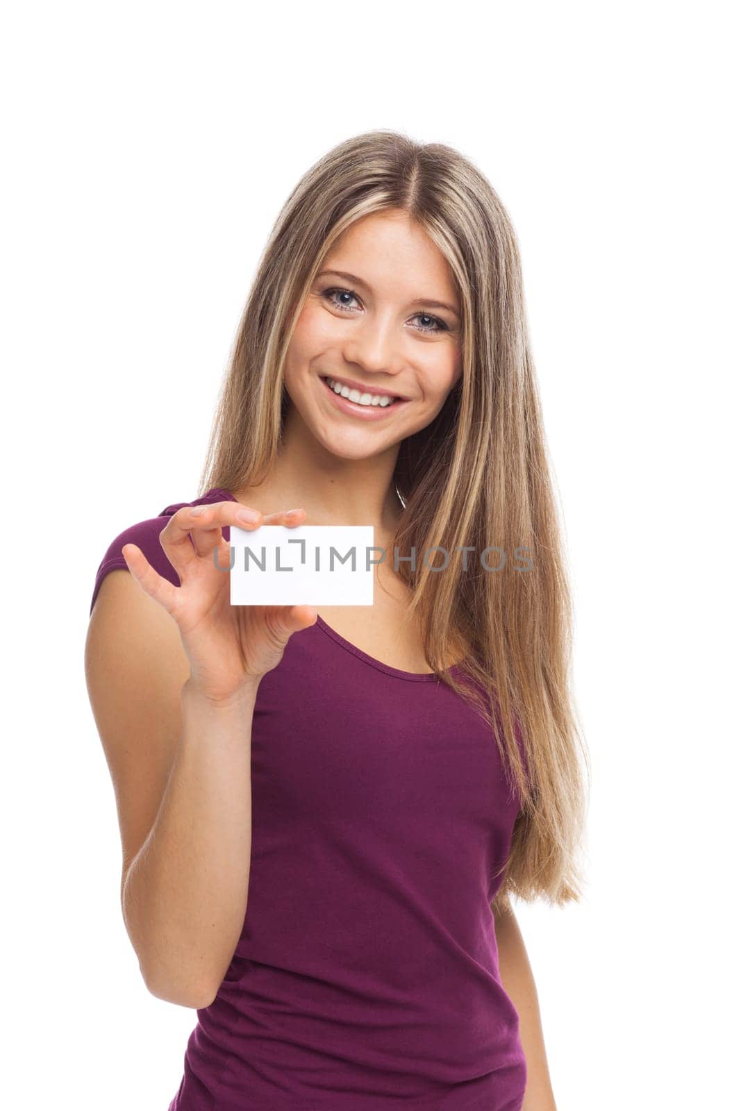 Young beautiful woman showing a white card, isolated on white