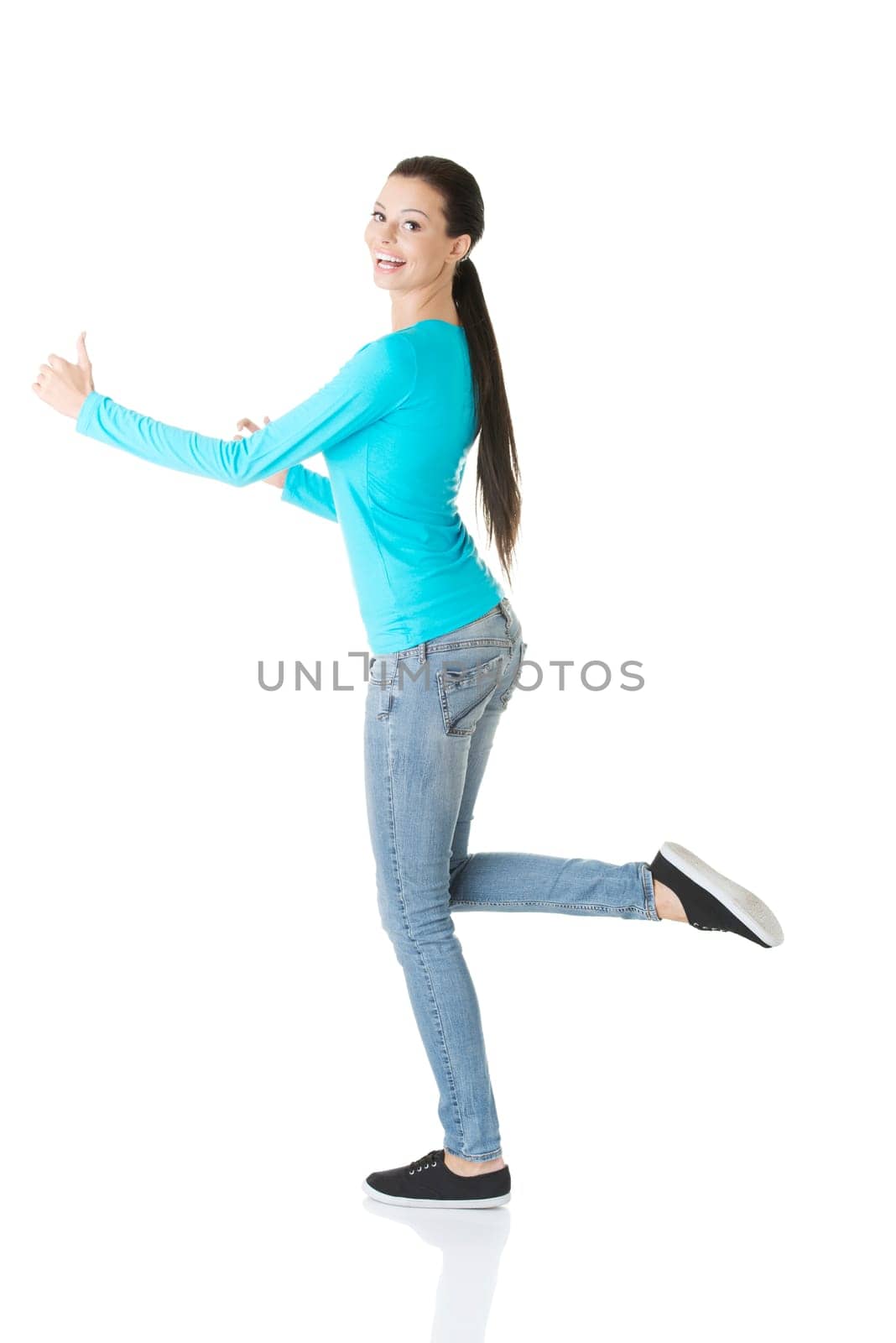 Happy student girl running, isoalated on white background