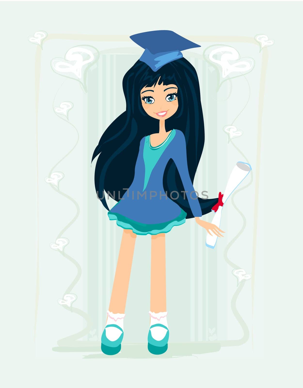Illustration of a girl Holding Her Diploma