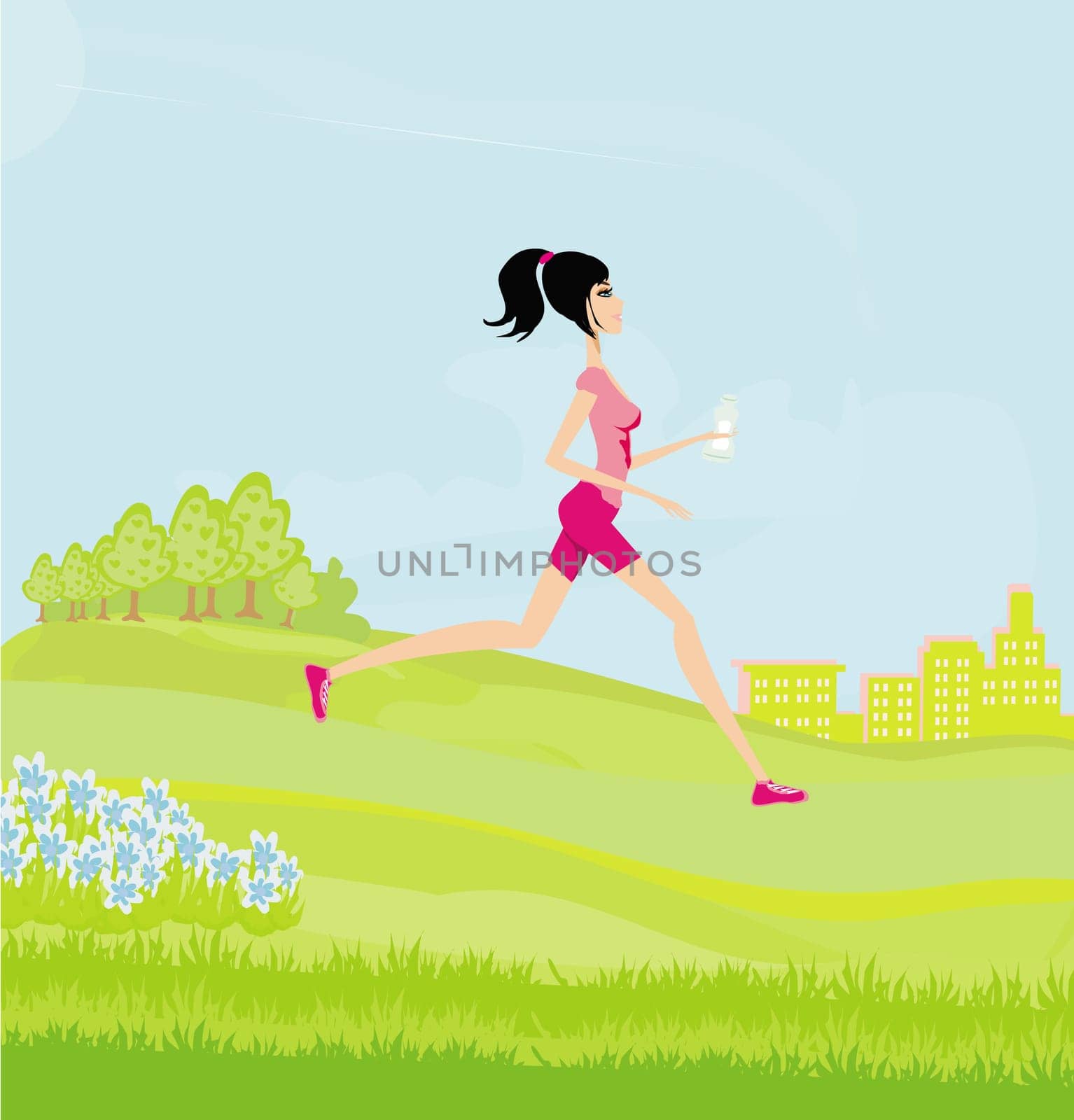 Jogging girl in summer on rural landscape