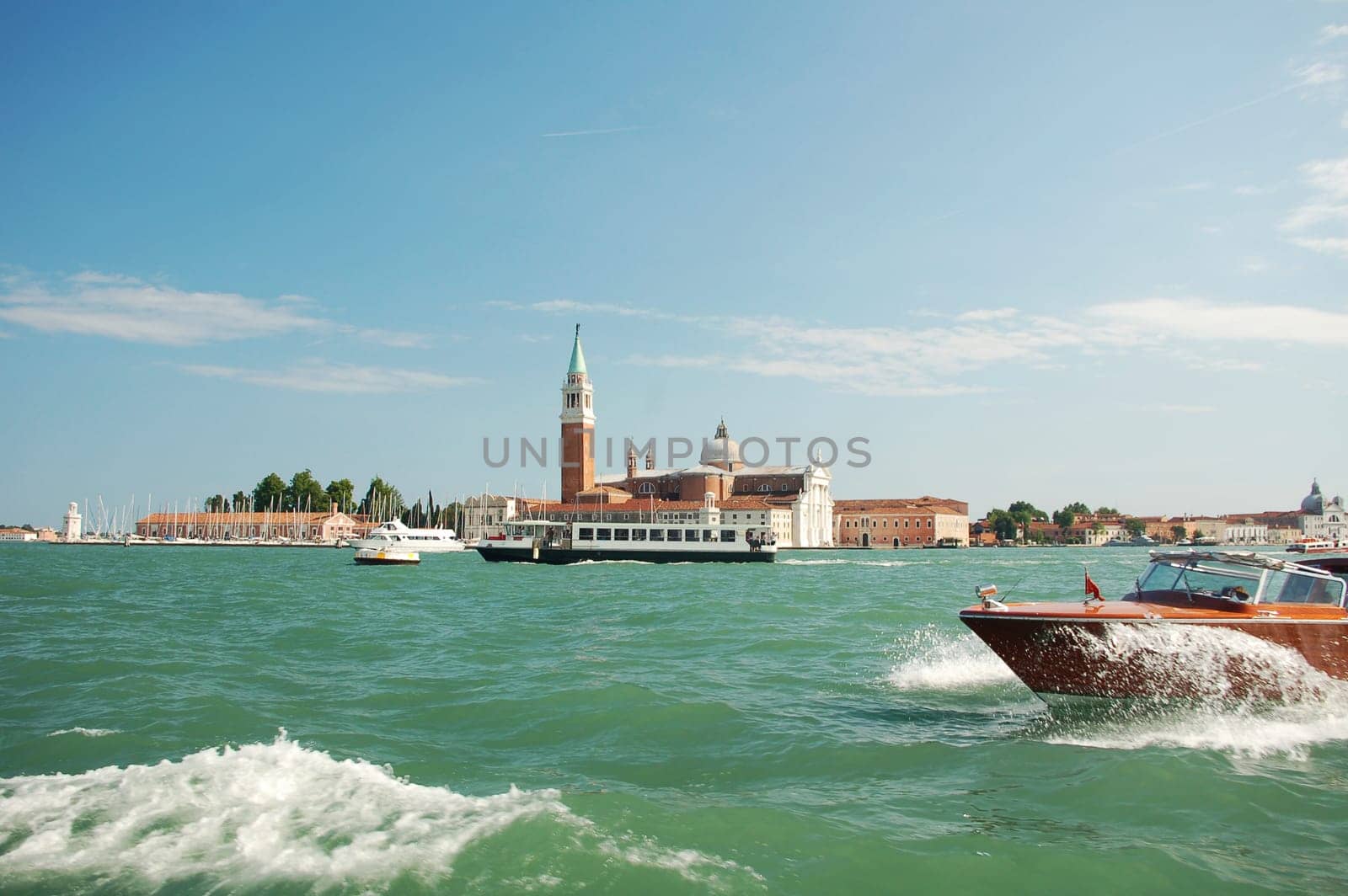 Motorboat in front of San Giorgio Church in Venice, Italy