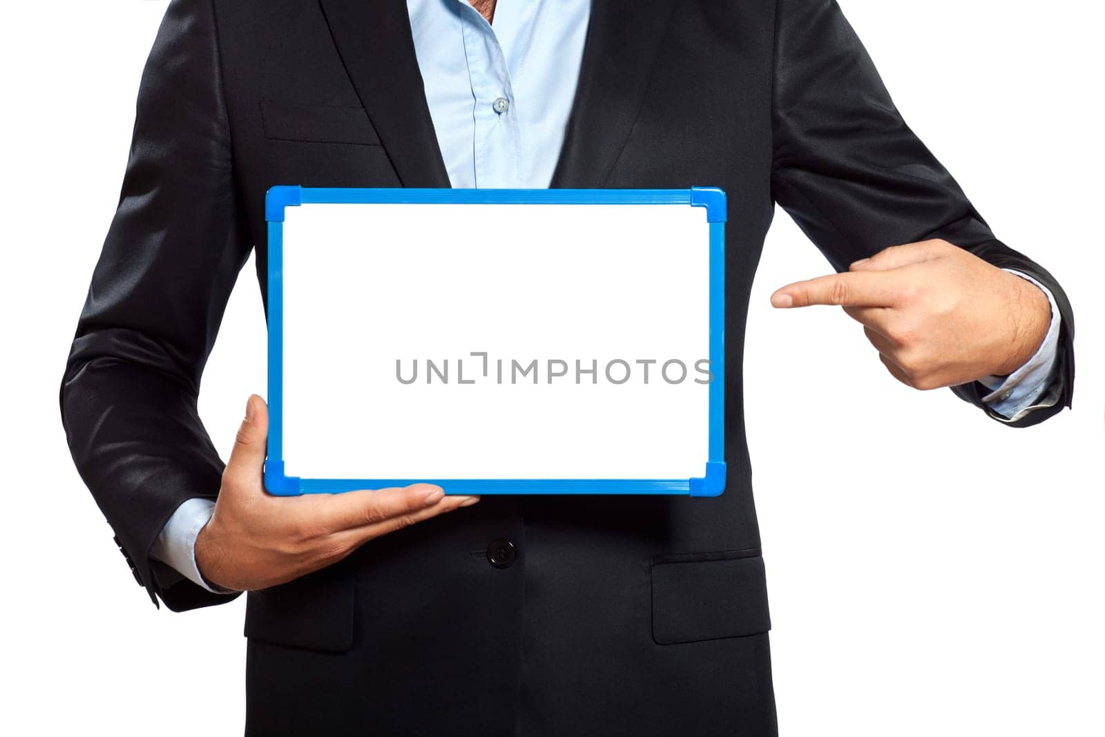 one caucasian business man holding showing whiteboard in studio isolated on white background