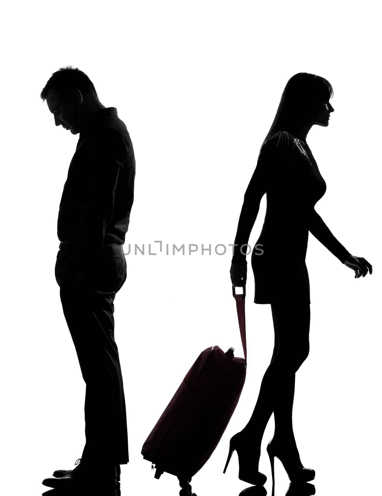 one caucasian couple man and woman dispute separation in studio silhouette isolated on white background