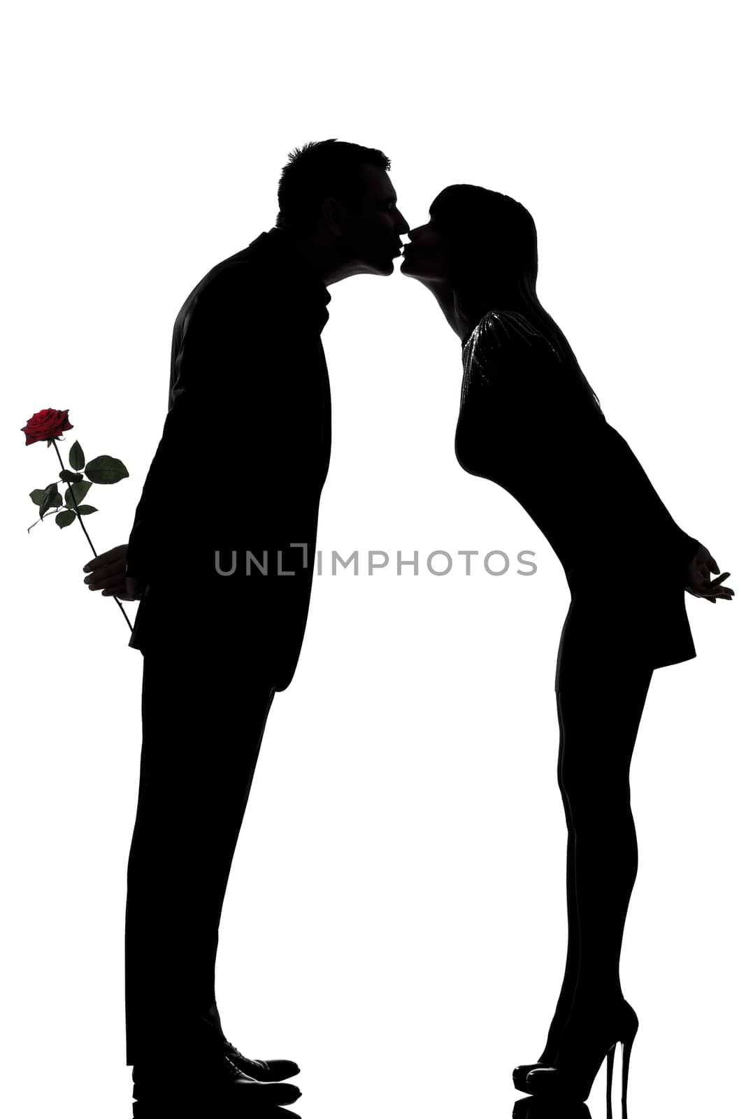 one caucasian couple man and woman kissing in studio silhouette isolated on white background