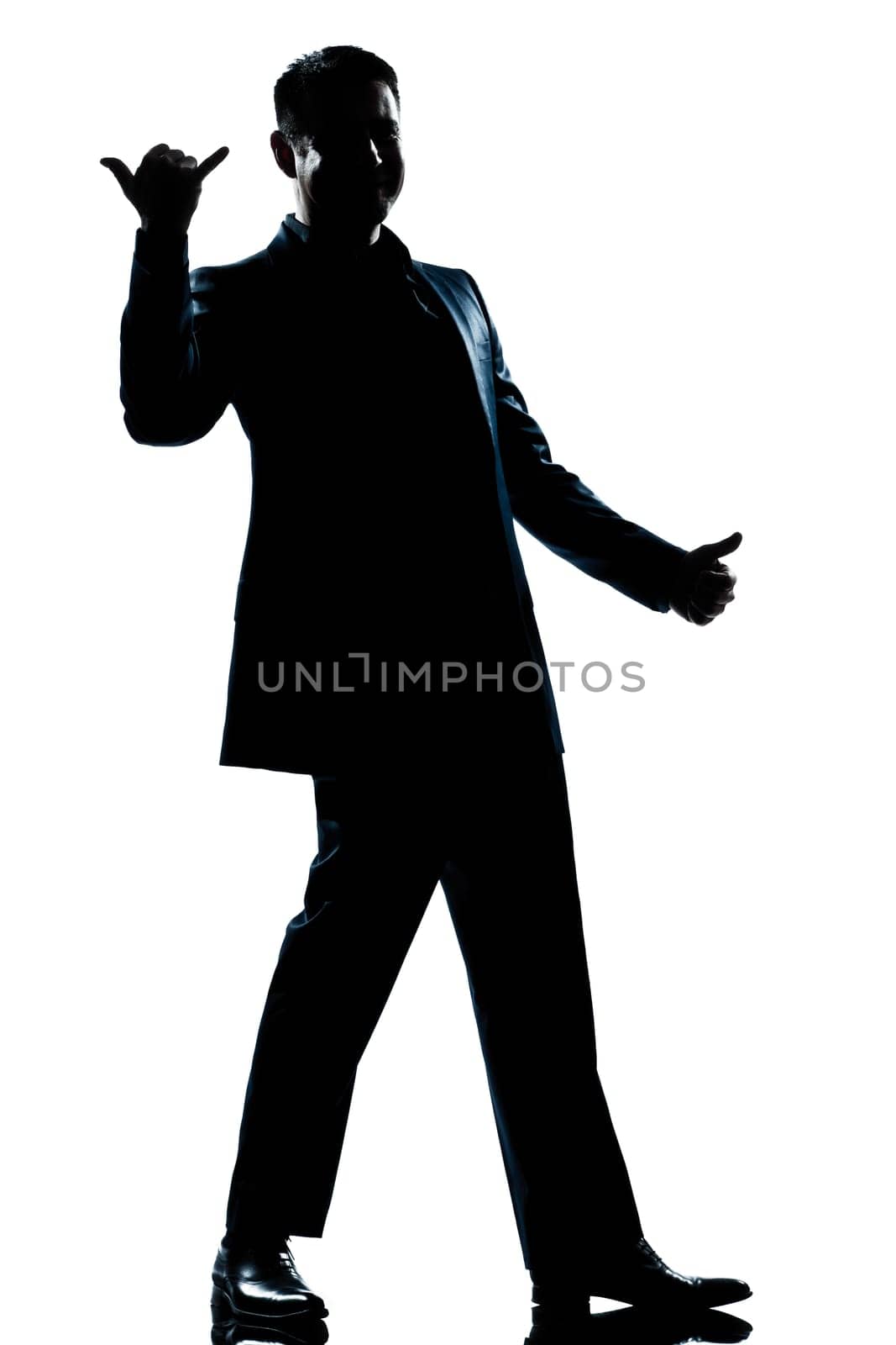 one caucasian man happy saluting shaka sign full length silhouette in studio isolated white background