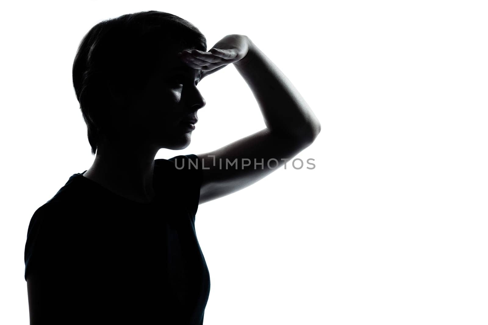 one caucasian young teenager silhouette girl  looking foward  portrait in studio cut out isolated on white background