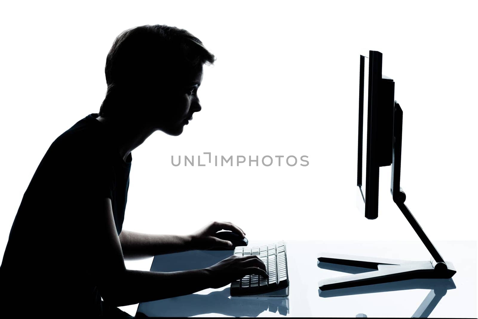 one caucasian young teenager silhouette boy or girl in studio cut out isolated on white background