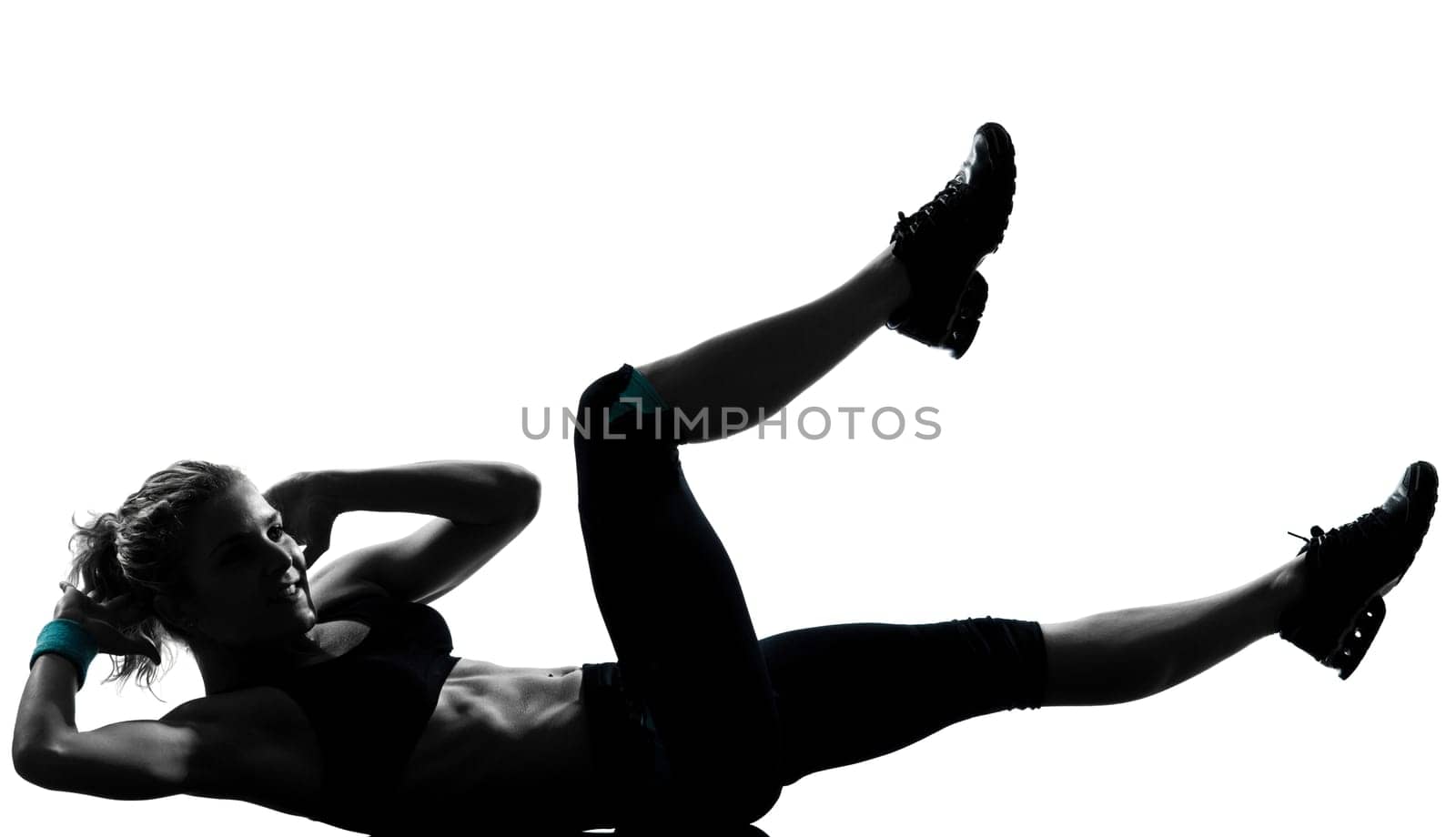 one woman exercising workout fitness aerobic exercise abdominals push ups posture on studio isolated white background