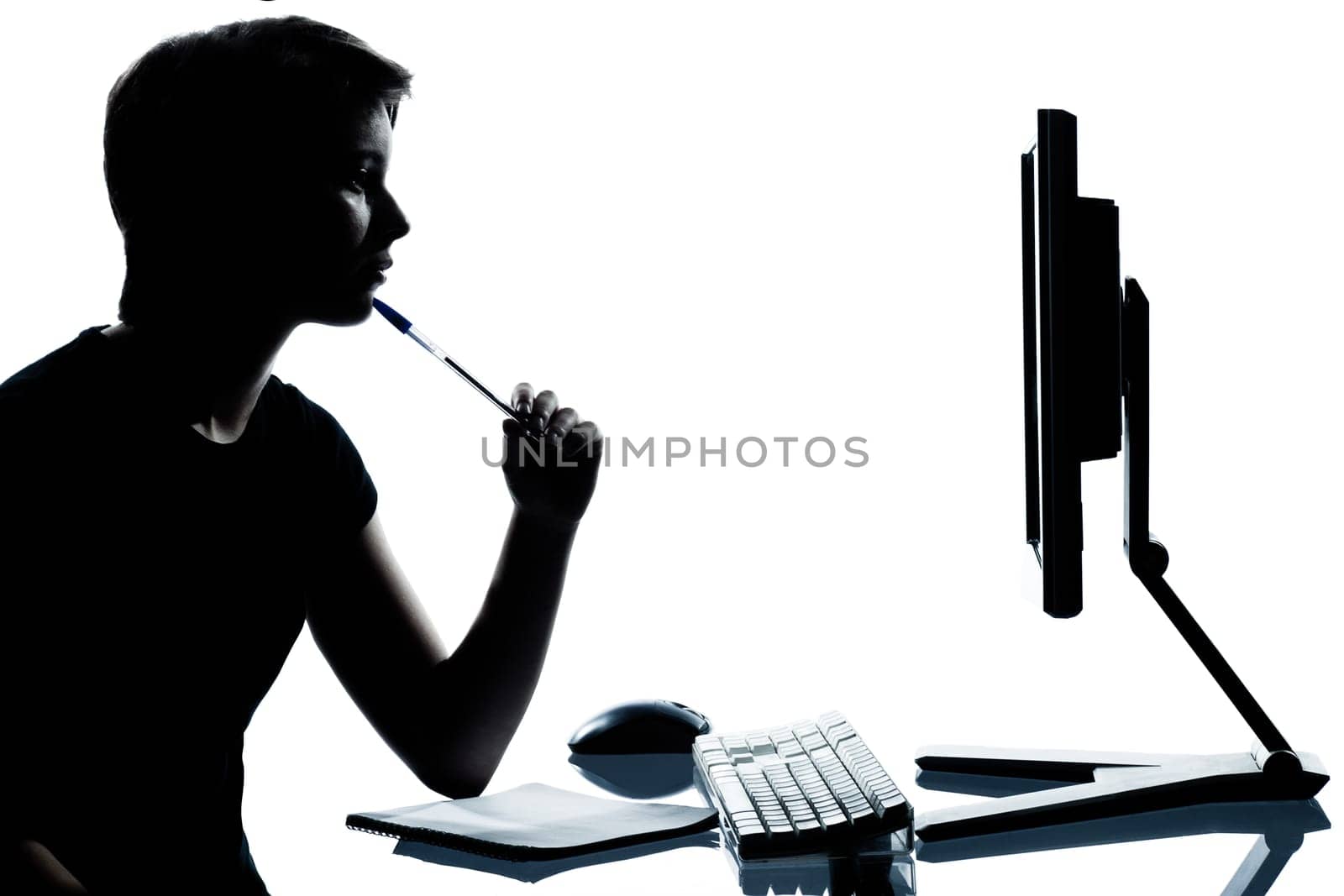 one caucasian young teenager silhouette boy or girl in studio cut out isolated on white background