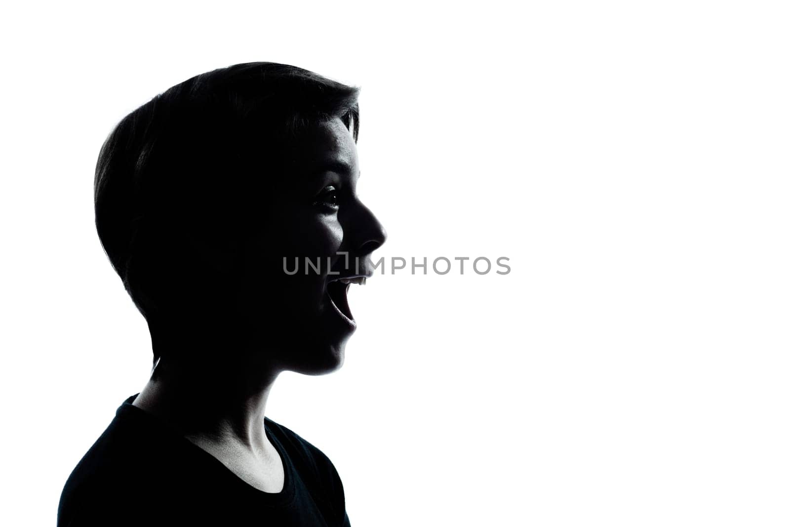 one caucasian young teenager silhouette boy or girl portrait in studio cut out isolated on white background