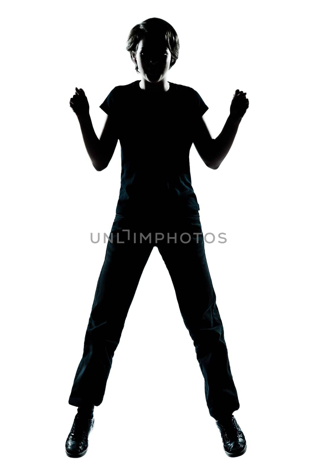 one caucasian young teenager silhouette boy or girl happy jumping g full length in studio cut out isolated on white background